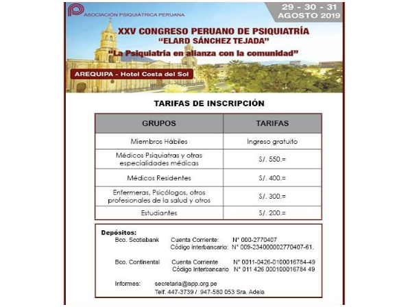 Tarifas de participación para el XXV Congreso Peruano de Psiquiartría