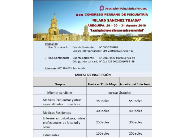 Tarifas para participar en el XXV Congreso Peruano de Psiquiatría