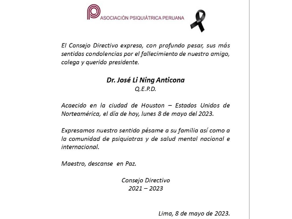Condolencias por sensible fallecimiento de Dr. José Li Ning Anticona