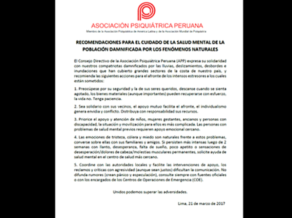 La Asociación Psiquiátrica Peruana aconseja como ayudar a damnificados